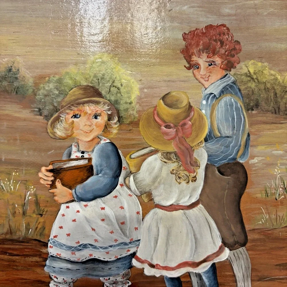 Vintage Bert's Country Woods Hand Painted Wood Plaque Schoolyard Kids Happy Days